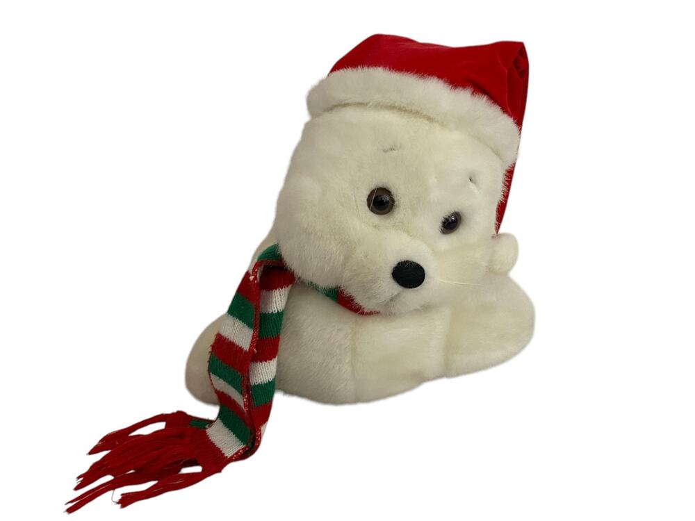 Russ Swizzel Seal White Plush Santa Hat Scarf Christmas Decor Toy 16" Vintage